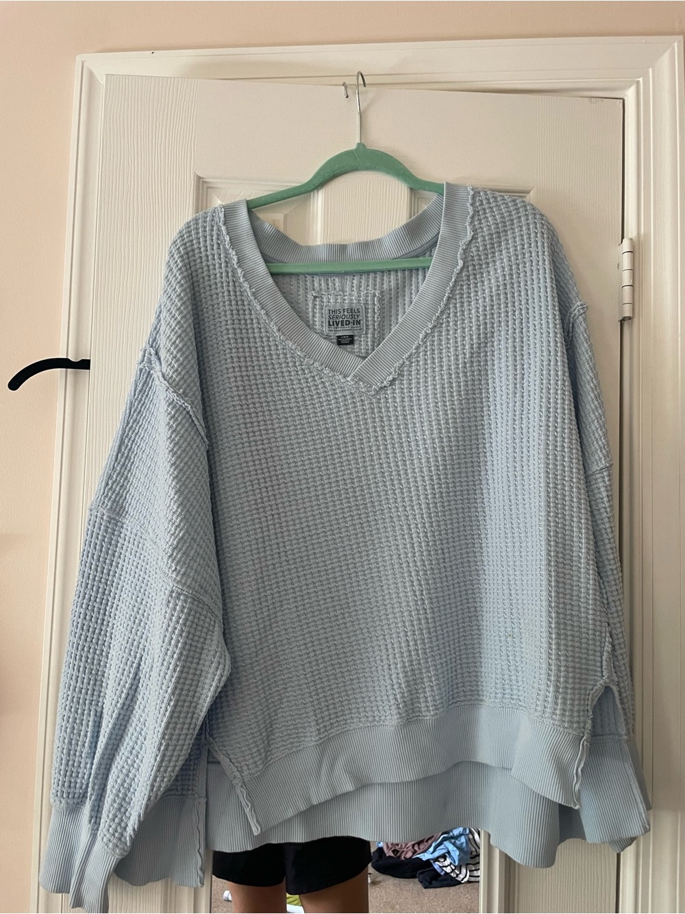American Eagle Outfitters Light Blue V-Neck Waffle Knit Sweater